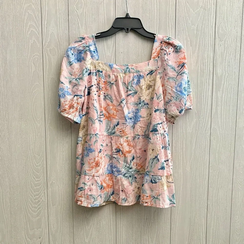 LOFT Garden Lacy Tiered Pink Square Neck Short Sleeve Top Size Medium
